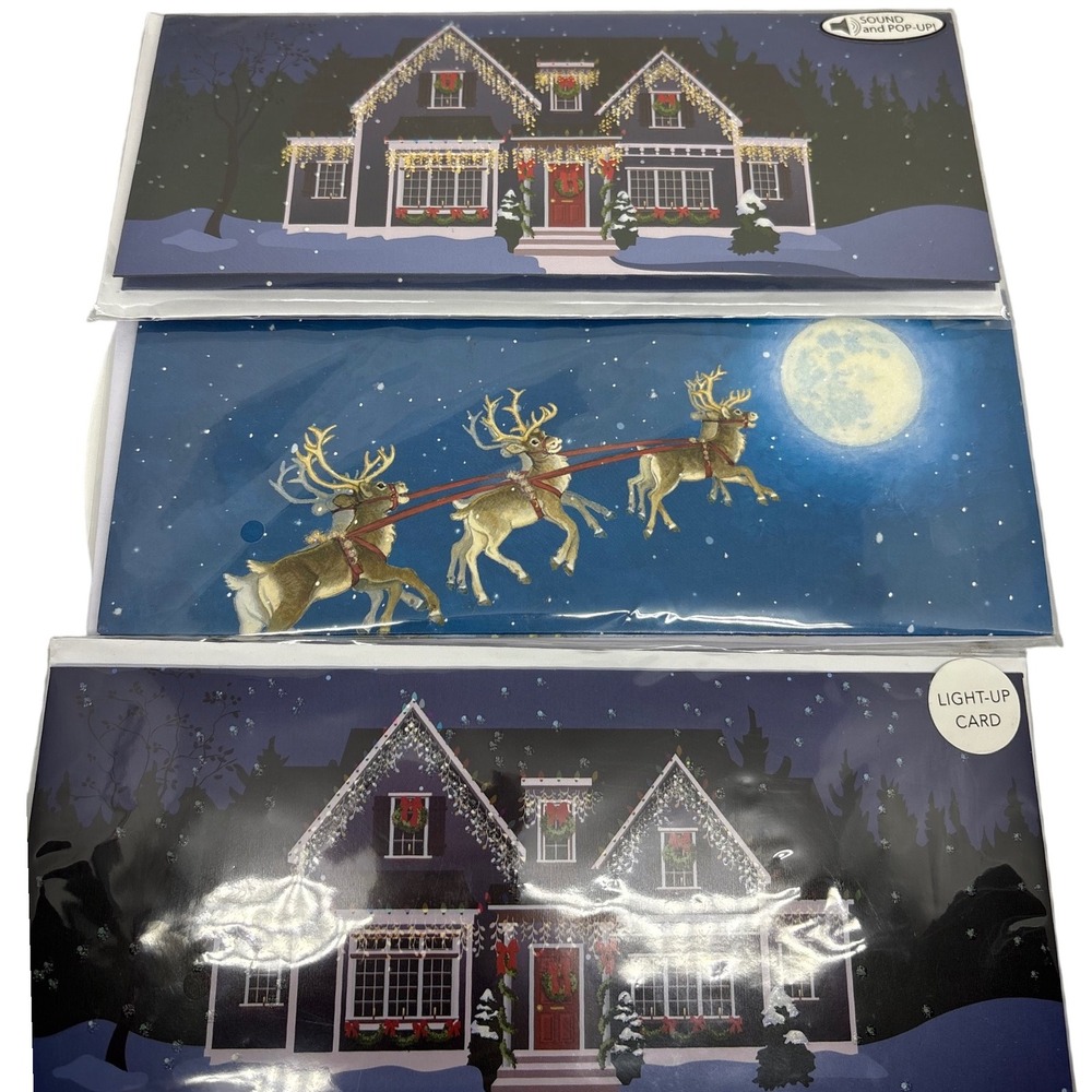 Up With Paper Panoramics Pop Up Christmas Cards Set 3 Houses Santa‎ Reindeer